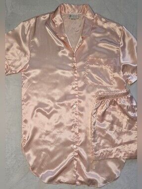 Vntg California Dynasty Pink Satin Short Sleeve Sleep Shirt/Shorts Pajama Set M